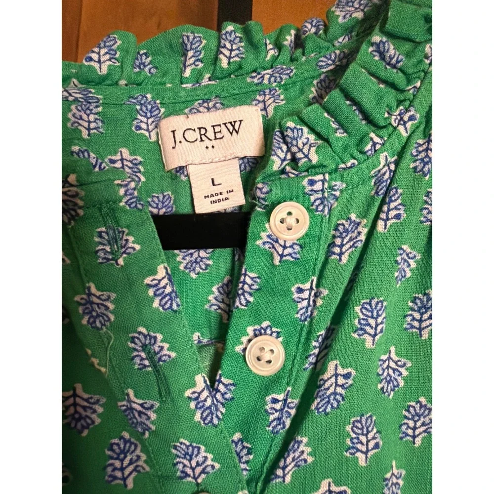 J.Crew Green Floral Block Print Ruffle Flutter Sleeve Cotton Blouse Top Large